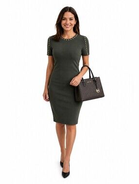 Michael Kors NWT Forest Green Embellished Cap-Sleeve Dress Size M